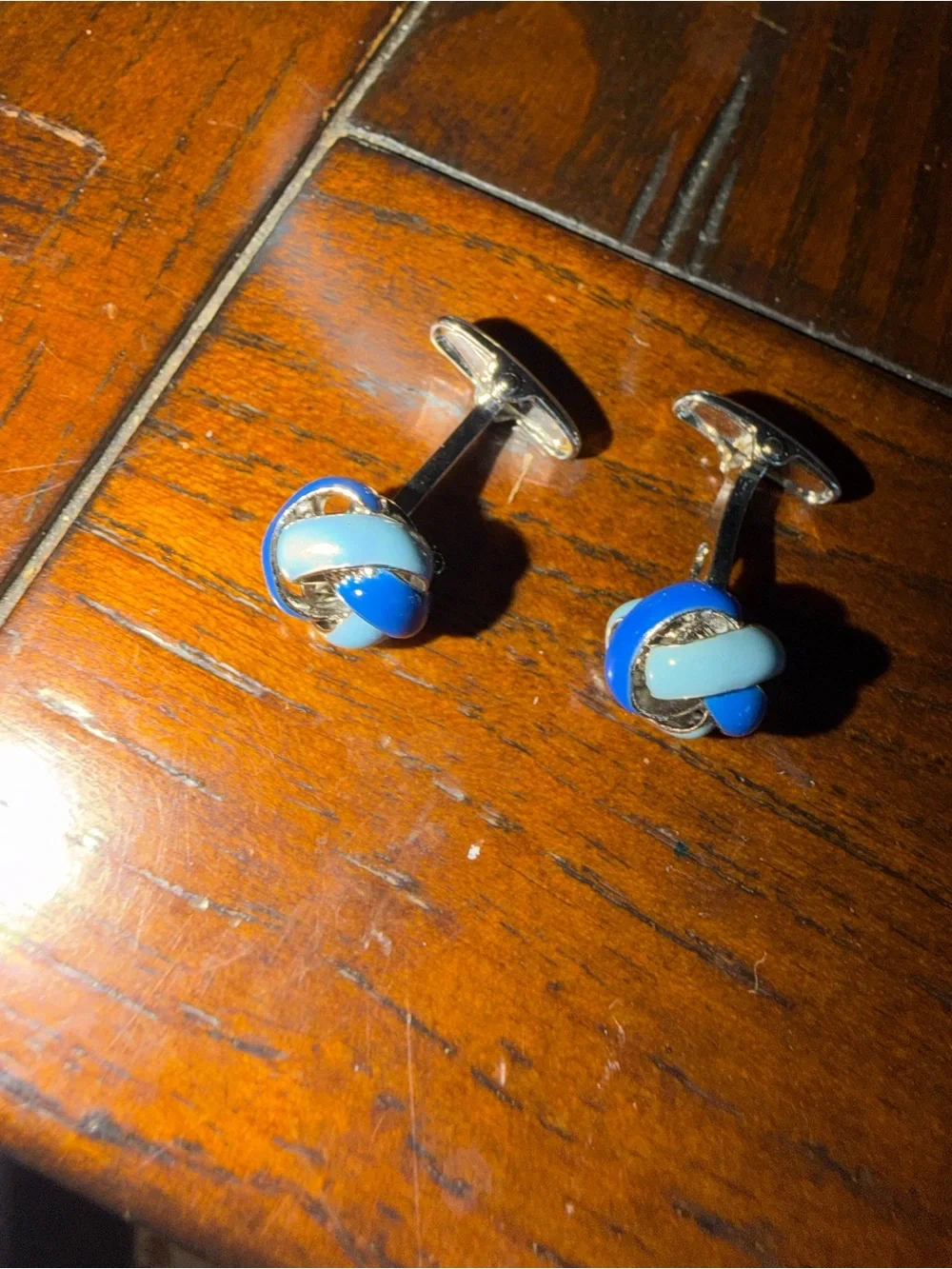 Men's Blue & Teal Knot Cufflinks in Polished Silver Tone